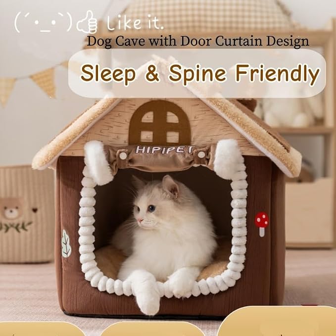 Mushroom Cat Bed for Indoor Cats, Cat Cave Bed with Door Curtain, Foldable Dog House with Reversible Cushion, Covered Pet Bed for Cats Small Dogs (Brown, L-19.2 * 15.3 * 18in) - Image 2