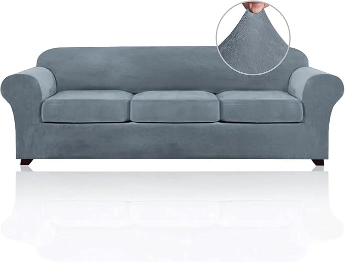 PrinceDeco Velvet XL Couch Cover for Oversized Sofa 4 Piece Sofa Covers for 3 Cushion Couch Washable Furniture Protector with Non Slip Elastic Bottom Width Up to 97 Inch(X-Large, Stone Blue) by PrinceDeco