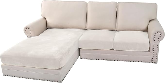 H.VERSAILTEX Velvet Stretch Sectional Couch Covers 3 Pieces Sofa Seat Cushion Covers L Shape Separate Cushion Couch Cover for Left/Right Sectional Couch(Large Sofa 2 Seater + 1 Chaise,Porcelain White) by HVERSAILTEX