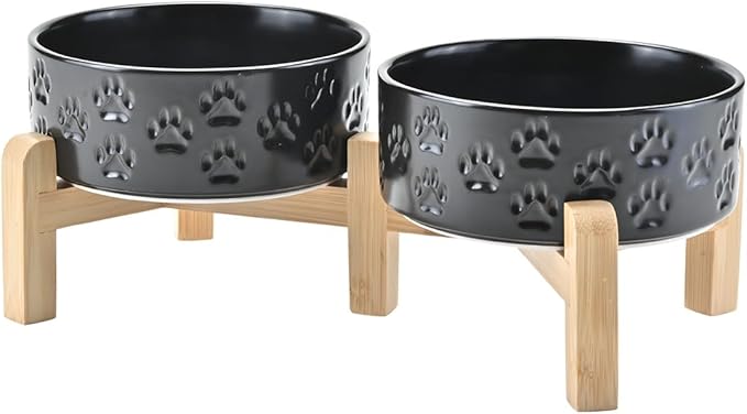 SPUNKYJUNKY Elevated Dog Bowls Ceramic, 5.1'' Dogs and Cat Food Water Bowls Raised with Non-Slip Bamboo Stand for Puppy Small Sized Breed Microwave Dishwasher Safe - 13.5 OZ,Paw Black by SPUNKYJUNKY