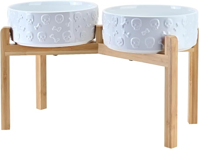 SPUNKYJUNKY Elevated Dog Bowls Ceramic, 8.3'' Dogs Food Water Bowls Raised with Non-Slip Bamboo Stand for Large Sized Breed Microwave Dishwasher Safe - 60 OZ,Skull White by SPUNKYJUNKY