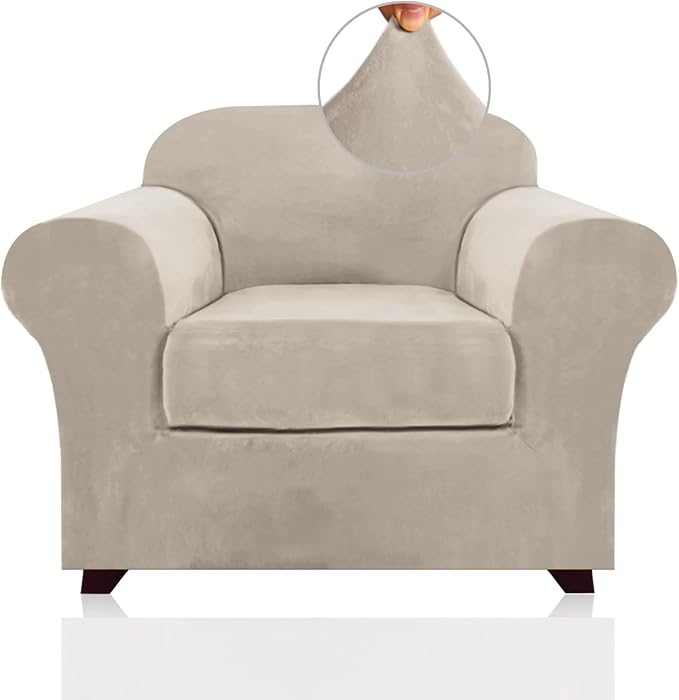 PrinceDeco Velvet Plush Couch Cover Stretch 2 Piece Chair Cover Chair Slipcover Washable Furniture Protector Couch Soft with Elastic Bottom Armchair Cover Width Up to 49 Inch(Small, French Oak) by PrinceDeco