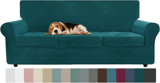 ZNSAYOTX Oversized Velvet Couch Cover 4 Piece (92"-115") Stretch Sofa Covers for 3 Cushion Couch Thick Soft XL-Slipcover with Non Slip Strap, Dog Pet Friendly Nice Furniture Protector (Deep Teal) by ZNSAYOTX