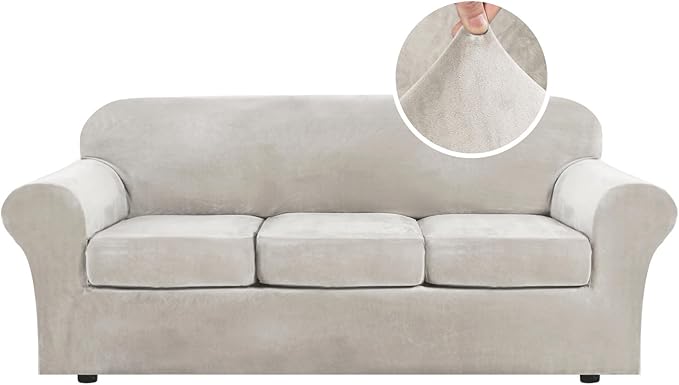 H.VERSAILTEX Modern Velvet Plush 4 Piece High Stretch Sofa Slipcover Sofa Cover Furniture Protector Form Fit Luxury Thick Velvet Sofa Cover for 3 Cushion Couch Width Up to 90 Inch (Sofa, Oatmeal) by HVERSAILTEX