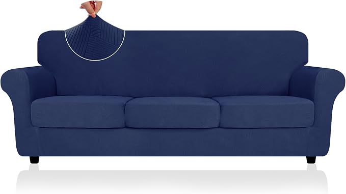 ZNSAYOTX 4 Piece Stretch XL-Sofa Covers (91"-110") for 3 XL Cushion Couch, Thick Couch Cover with Elastic Band Bottom Ties Non-Slip Stay in Place, Soft Durable Oversized Slipcovers, Navy Blue by ZNSAYOTX