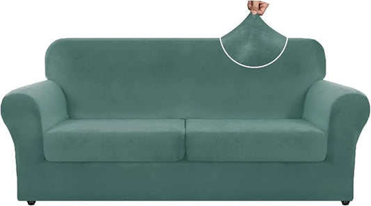 ZNSAYOTX Oversized Velvet 3 Piece Couch Cover with 2 Extra Large Seat Cushion Covers Stretch Sofa Cover for 2 Cushion Couch Thick Soft Loveseat Sofa Slipcover (Pea Green),72"-92"(2 Cushions) by ZNSAYOTX