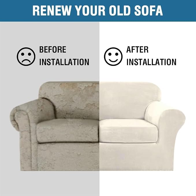 H.VERSAILTEX Real Velvet Plush 3 Piece Stretch Sofa Covers Couch Covers for 2 Cushion Couch Sofa Slipcovers Width Up to 90 Inch Feature Thick Soft Stay in Place (Large Sofa, Ivory) - Image 8