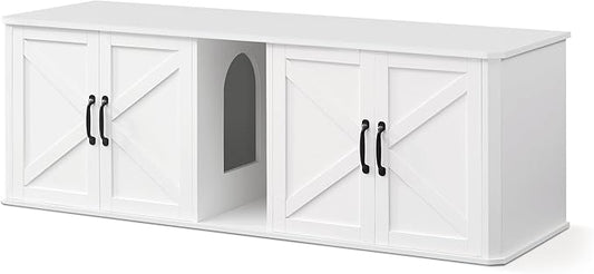 Feandrea Double Cat Litter Box Enclosure, Modern Litter Box Furniture Hidden for 2 Cats, Front Entry, Cat House, Side End Table, TV Stand, 59 x 19 x 19.5 Inches, Cloud White UPCL010W01 by FeandreabySONGMICSHOME