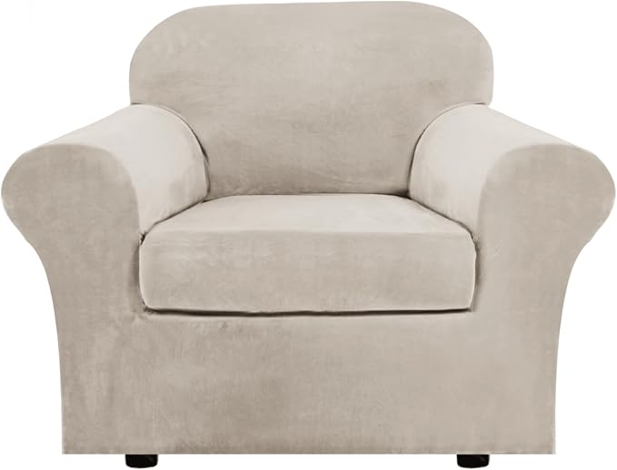 H.VERSAILTEX Rich Velvet Stretch 2 Piece Cover Chair Slipcover Sofa Cover Furniture Protector Couch Soft with Elastic Bottom Chair Couch Cover Width Up to 49 Inch (Chair, French Oak) by HVERSAILTEX