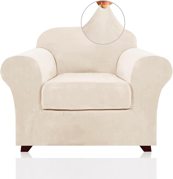 PrinceDeco Velvet Plush Couch Cover Stretch 2 Piece Chair Cover Chair Slipcover Washable Furniture Protector Couch Soft with Elastic Bottom Armchair Cover Width Up to 49 Inch(Small, Cream) by PrinceDeco