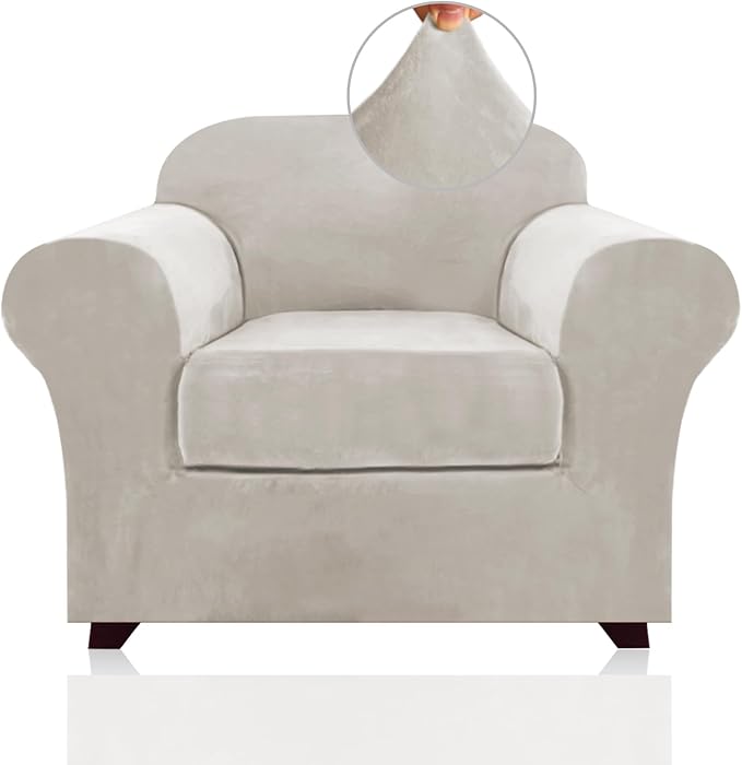 PrinceDeco Velvet Plush Couch Cover Stretch 2 Piece Chair Cover Chair Slipcover Washable Furniture Protector Couch Soft with Elastic Bottom Armchair Cover Width Up to 49 Inch(Small, Oatmeal) by PrinceDeco