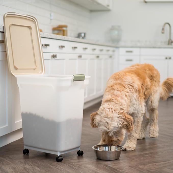 IRIS USA Airtight Dog Food Storage Container, WeatherPro, Up to 40 lbs, Removable Wheels, for Dog Cat Bird and Other Pet Food Storage Bin, Keep Fresh, Translucent Body, Made in USA, Almond/Pearl - Image 6