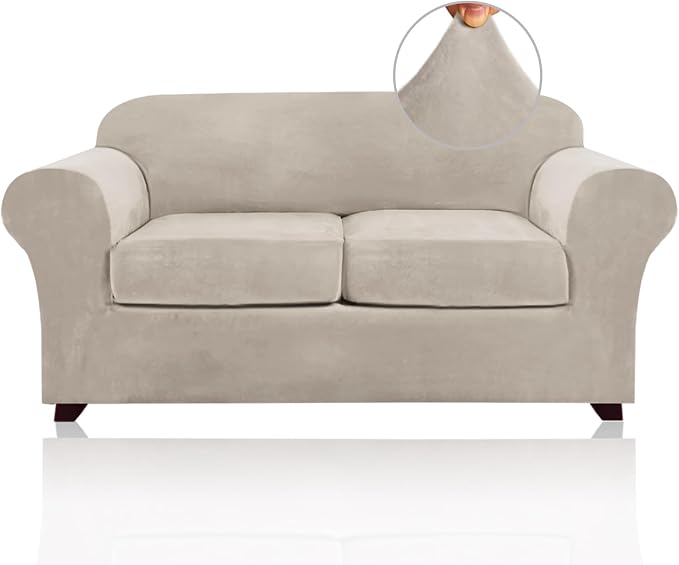 PrinceDeco Velvet Couch Cover Loveseat Covers for 2 Cushion Couch 3 Piece Sofa Covers for Dogs Washable Loveseat Covers Width Up to 72 Inch No Slip Stretch Sofa Slipcover(Medium, French Oak) by PrinceDeco