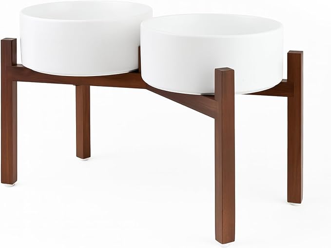 SPUNKYJUNKY Raised Ceramic Dog Bowls Set with Non-Slip Acacia Wood Stand for Large Sized Dog(60.87 OZ, White) by SPUNKYJUNKY