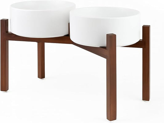 SPUNKYJUNKY Raised Ceramic Dog Bowls Set with Non-Slip Acacia Wood Stand for Large Sized Dog(60.87 OZ, White) by SPUNKYJUNKY