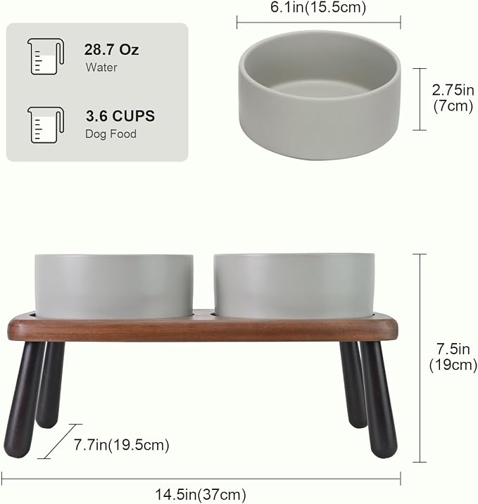 SPUNKYJUNKY Ceramic Elevated Dog Bowls Raised with Acacia Bamboo Wooden Stand, 6.1'' Dog and Cat Food Water Bowls Set Non-Slip for Small Medium Sized Breed Microwave Dishwasher Safe - 28.7 OZ,Grey - Image 2