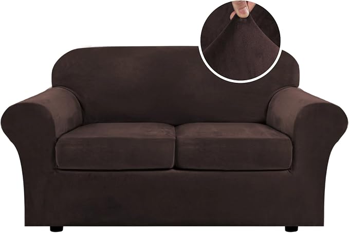 H.VERSAILTEX Real Velvet Plush 3 Piece Stretch Sofa Covers Couch Covers for 2 Cushion Couch Loveseat Covers Width Up to 72 Inch Feature Thick Soft Stay in Place (Medium Sofa, Brown) by HVERSAILTEX