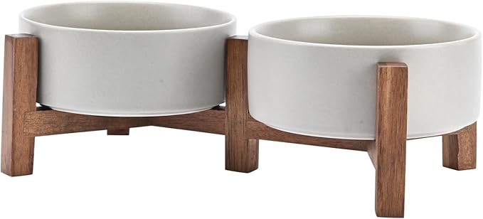 SPUNKYJUNKY Ceramic Dog Bowls Set with Acacia Wood Stand - Raised Dog Food and Water Bowl for Small Dogs (13.52 OZ, Gray) by SPUNKYJUNKY