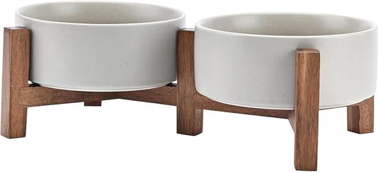 SPUNKYJUNKY Ceramic Dog Bowls Set with Acacia Wood Stand - Raised Dog Food and Water Bowl for Small Dogs (13.52 OZ, Gray) by SPUNKYJUNKY