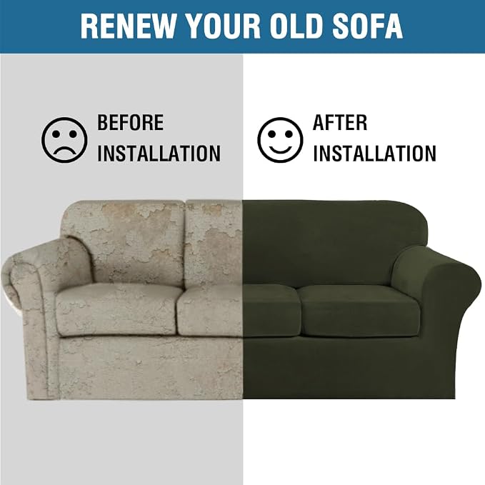 H.VERSAILTEX Modern Velvet Plush 4 Piece High Stretch Sofa Slipcover Sofa Cover Furniture Protector Form Fit Thick Velvet Sofa Cover for 3 Cushion Couch Width Up to 90 Inch (Sofa, Olive) - Image 8