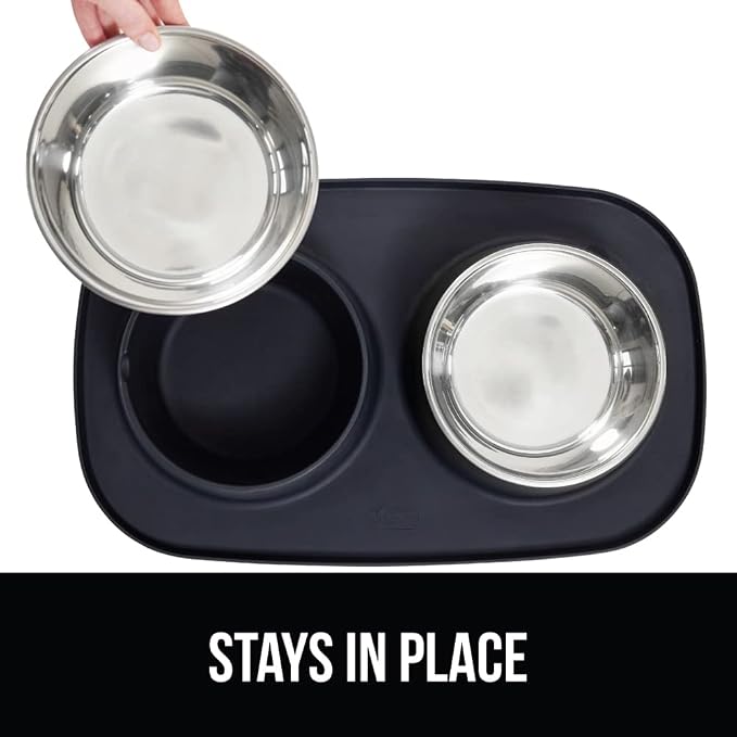GORILLA GRIP Dog Bowl Set with Slip Resistant Silicone Feeding Mat, 4 Cup, Food Grade 304 Stainless Steel Bowls, BPA Free, High Edge Spill Containment, Dishwasher Safe, Finger Notch Removal, Black - Image 4