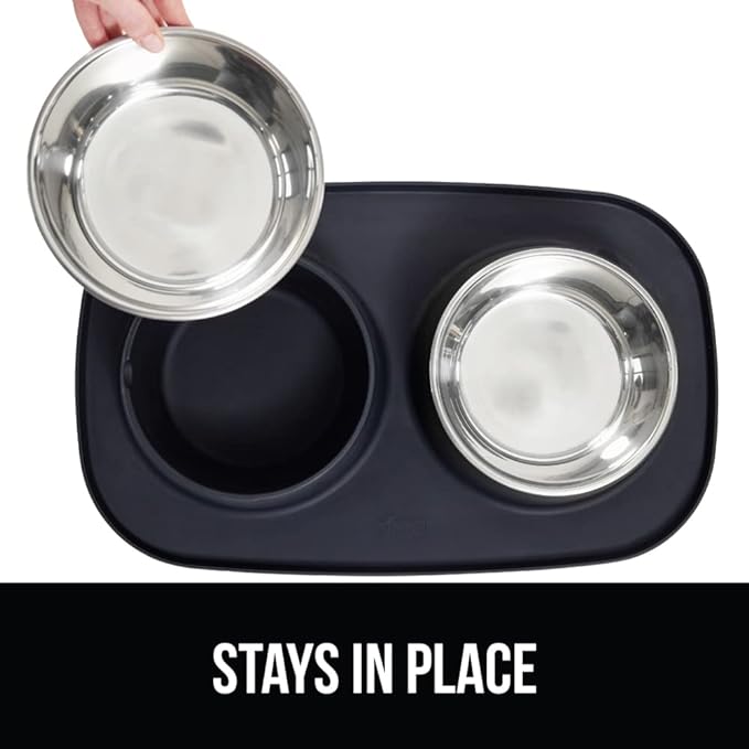 GORILLA GRIP Dog Bowl Set with Slip Resistant Silicone Feeding Mat, Food Grade 304 Stainless Steel Bowls, BPA Free, High Edge Spill Containment, Dishwasher Safe, Finger Notch Removal, 1 Cup, Black - Image 4