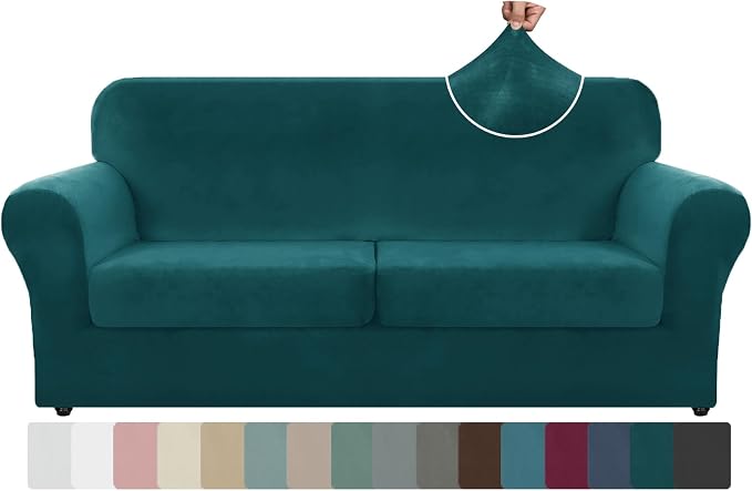 ZNSAYOTX Oversized Velvet 3 Piece Couch Cover with 2 Extra Large Seat Cushion Covers Stretch Sofa Cover for 2 Cushion Couch Thick Soft Loveseat Sofa Slipcover (Deep Teal), 72"-92"(2 Cushions) by ZNSAYOTX