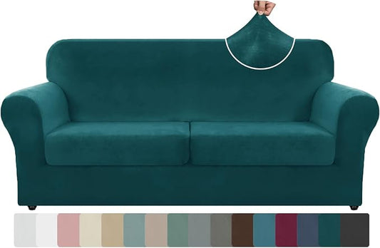 ZNSAYOTX Oversized Velvet 3 Piece Couch Cover with 2 Extra Large Seat Cushion Covers Stretch Sofa Cover for 2 Cushion Couch Thick Soft Loveseat Sofa Slipcover (Deep Teal), 72"-92"(2 Cushions) by ZNSAYOTX