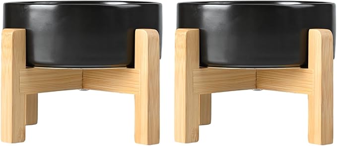 SPUNKYJUNKY Ceramic Elevated Dog Bowls 2 Pack - 8.3inch Raised Dog Bowls with Non-Slip Wooden Stand for Large Dogs Dishwasher Safe(Black,60OZ*2) by SPUNKYJUNKY