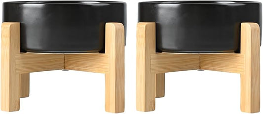 SPUNKYJUNKY Ceramic Elevated Dog Bowls 2 Pack - 8.3inch Raised Dog Bowls with Non-Slip Wooden Stand for Large Dogs Dishwasher Safe(Black,60OZ*2) by SPUNKYJUNKY