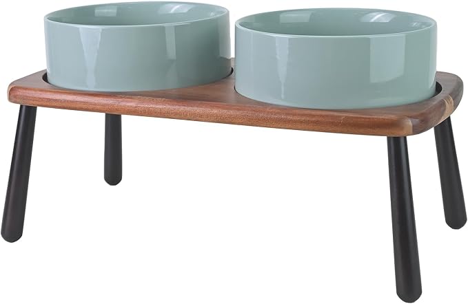 SPUNKYJUNKY Ceramic Elevated Dog Bowls Raised with Acacia Bamboo Wooden Stand, 8.3'' Dog Food Water Bowls Set Non-Slip for Medium Large Sized Breed Microwave Dishwasher Safe - 60 OZ,Light Green by SPUNKYJUNKY