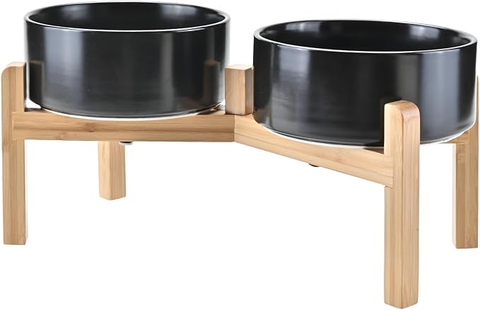 SPUNKYJUNKY Elevated Dog Bowls Ceramic, 7.3'' Dogs Food Water Bowls Raised with Non-Slip Bamboo Stand for Medium to Large Sized Breed Microwave Dishwasher Safe - 42 OZ,Black by SPUNKYJUNKY