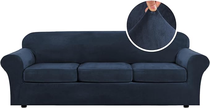 H.VERSAILTEX Velvet 4 Piece High Stretch Sofa Slipcover Sofa Cover Furniture Protector Form Fit Luxury Thick Velvet Extra Large Sofa Cover for 3 Cushion Couch Width Up to 105 Inch (XL Sofa, Navy) by HVERSAILTEX