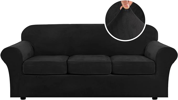 H.VERSAILTEX Modern Velvet Plush 4 Piece High Stretch Sofa Slipcover Sofa Cover Furniture Protector Form Fit Luxury Thick Velvet Sofa Cover for 3 Cushion Couch Width Up to 90 Inch (Sofa,Black) by HVERSAILTEX