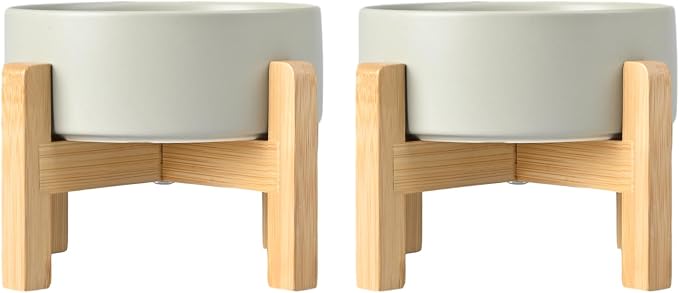 SPUNKYJUNKY Ceramic Elevated Dog Bowls 2 Pack - 8.3inch Raised Dog Bowls with Non-Slip Wooden Stand for Large Dogs Dishwasher Safe(Grey,60OZ*2) by SPUNKYJUNKY