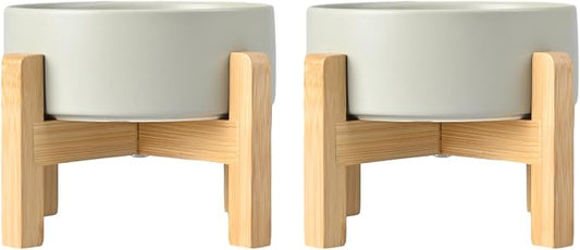 SPUNKYJUNKY Ceramic Elevated Dog Bowls 2 Pack - 8.3inch Raised Dog Bowls with Non-Slip Wooden Stand for Large Dogs Dishwasher Safe(Grey,60OZ*2) by SPUNKYJUNKY