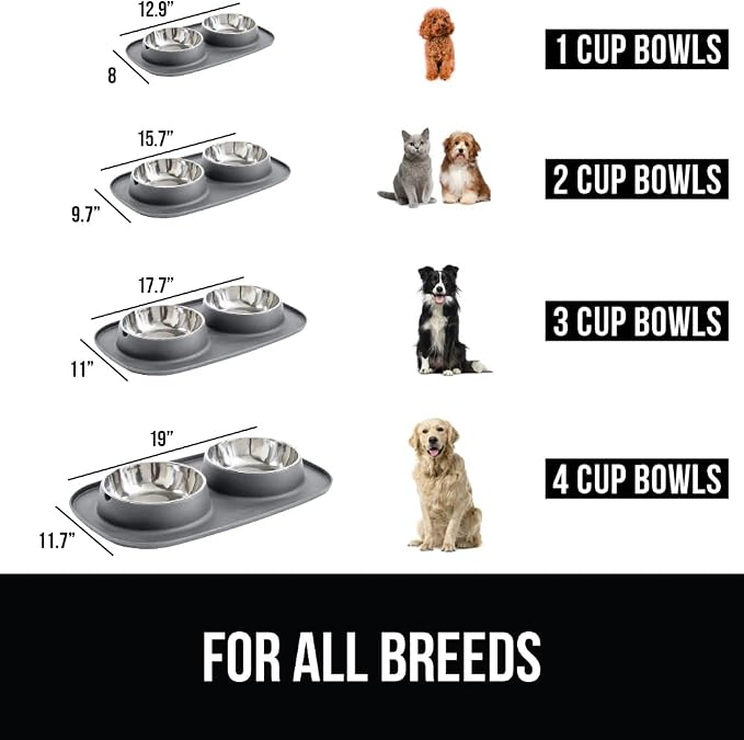 GORILLA GRIP Dog Bowl Set with Slip Resistant Silicone Feeding Mat, Food Grade 304 Stainless Steel Bowls, BPA Free, High Edge Spill Containment, Dishwasher Safe, Finger Notch Removal, 1 Cup, Gray - Image 3