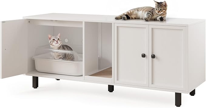 ONBRILL 59 Inches Cat Litter Box Enclosure for 2 Cats, Hidden Litter Boxes Furniture with Cat Scratch Pad, Large Indoor Pet House with Double Room, Wooden TV Stand Side Table, Off White - Image 9