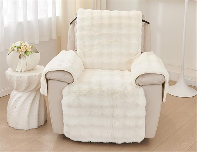 Plush Recliner Slipcover Home Faux Fur Fluffy Recliner Chair Slipcover Non Slip Back Fuzzy Fluffy Reclining Couch Cover Soft Comfort Sofa Slipcover Washable Furniture Protector (Beige) - Image 2