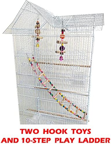 38-Inch Double Roof Top Large Flight Bird House Cage | Toys & Climbing Ladder, For Cockatiels Parakeets Aviary Budgie Finch Lovebird Canary, Travel Cage, Side Nest Box Doors - Image 3