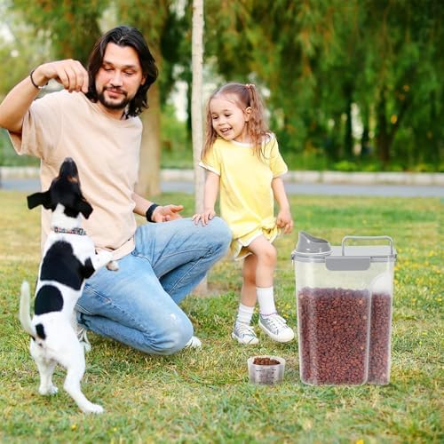 5-7Lbs Portable Cat Dog Food Storage Container with Upgraded Large Spout and Cup Dispenser for Small Large Animal Kibble, Pet Bird snack, Oatmeal, Rice, Flour, Brown Sugar-3 Pack (Purple Gray Green) - Image 7