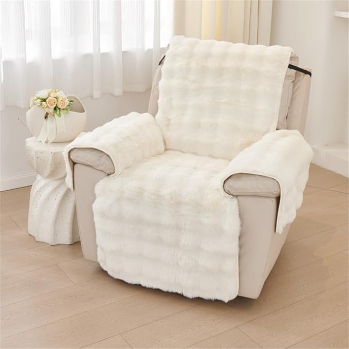Plush Recliner Slipcover Home Faux Fur Fluffy Recliner Chair Slipcover Non Slip Back Fuzzy Fluffy Reclining Couch Cover Soft Comfort Sofa Slipcover Washable Furniture Protector (Beige) by Triflice