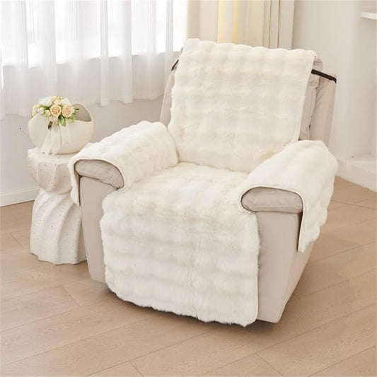 Plush Recliner Slipcover Home Faux Fur Fluffy Recliner Chair Slipcover Non Slip Back Fuzzy Fluffy Reclining Couch Cover Soft Comfort Sofa Slipcover Washable Furniture Protector (Beige) by Triflice