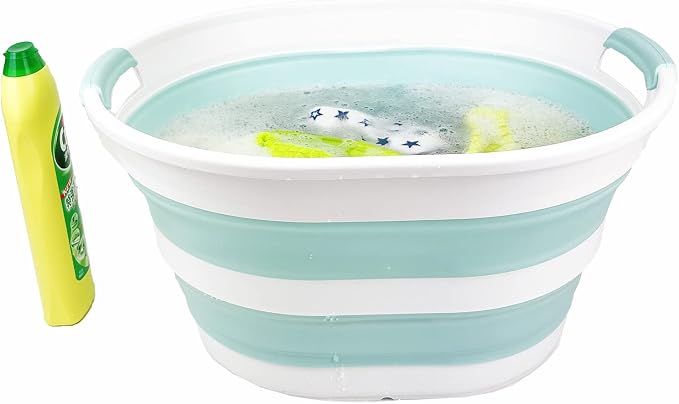 SAMMART 23L (6 Gallons) Collapsible Plastic Laundry Basket - Oval Tub/Basket - Foldable Storage Container/Organizer - Portable Washing Tub - Space Saving Laundry Hamper (White/Lake Green) - Image 5