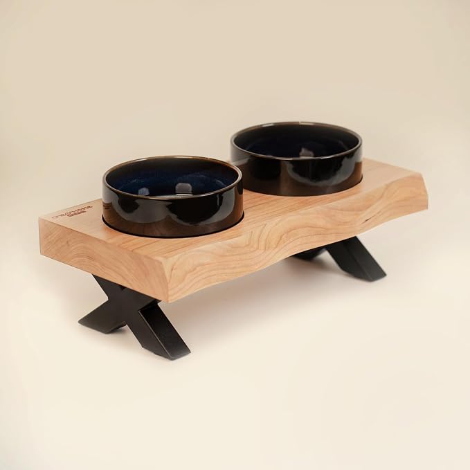 CHEERHOME PETS Raised Cat Ceramic Bowls for Small and Medium Dog, Solid Wooden Dog Food Bowl with Stand, Food Feeding Dishes Water Bowl for Cats and Puppy(Cherry Wood) by CHEERPALS
