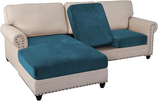 PrinceDeco Sectional Couch Covers 3 Pieces Velvet Sofa Covers L Shape Soft Couch Covers for Sectional Sofa Corner Sofa Cover Couch Cover for Dogs Washable (2 Seater + 1 Chaise,Deep Teal) by PrinceDeco