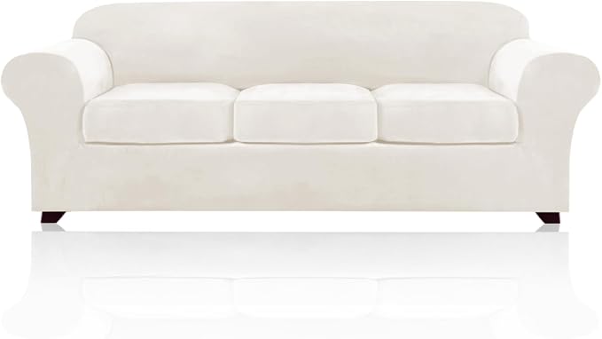 PrinceDeco Velvet XL Couch Cover for Oversized Sofa 4 Piece Sofa Covers for 3 Cushion Couch Washable Furniture Protector with Non Slip Elastic Bottom Width Up to 105 Inch(X-Large, Porcelain) by PrinceDeco