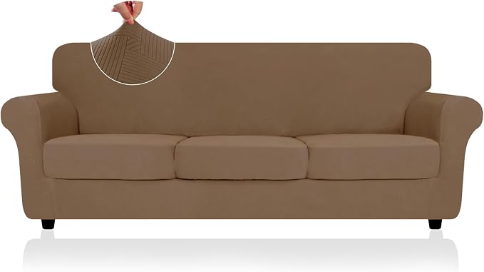 ZNSAYOTX 4 Piece Stretch XL-Sofa Covers (91"-110") for 3 XL Cushion Couch, Thick Couch Cover with Elastic Band Bottom Ties Non-Slip Stay in Place, Soft Durable Oversized Slipcovers, Light Coffee by ZNSAYOTX