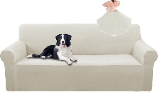 U-NICE HOME Velvet Sofa Covers Stretch Couch Covers for 3 Cushion Couch Furniture Protector Sofa Slipcover (Large, Beige) by U-NICEHOME