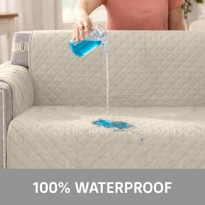 Sofa Shield 100% Waterproof Couch Cover with Patented Straps, Slip & Stain Resistant Furniture Protector, Machine Washable Sofa Slipcover for Dogs Cats Pets Kids, 28 inch Seat, Large Recliner, Taupe - Image 3